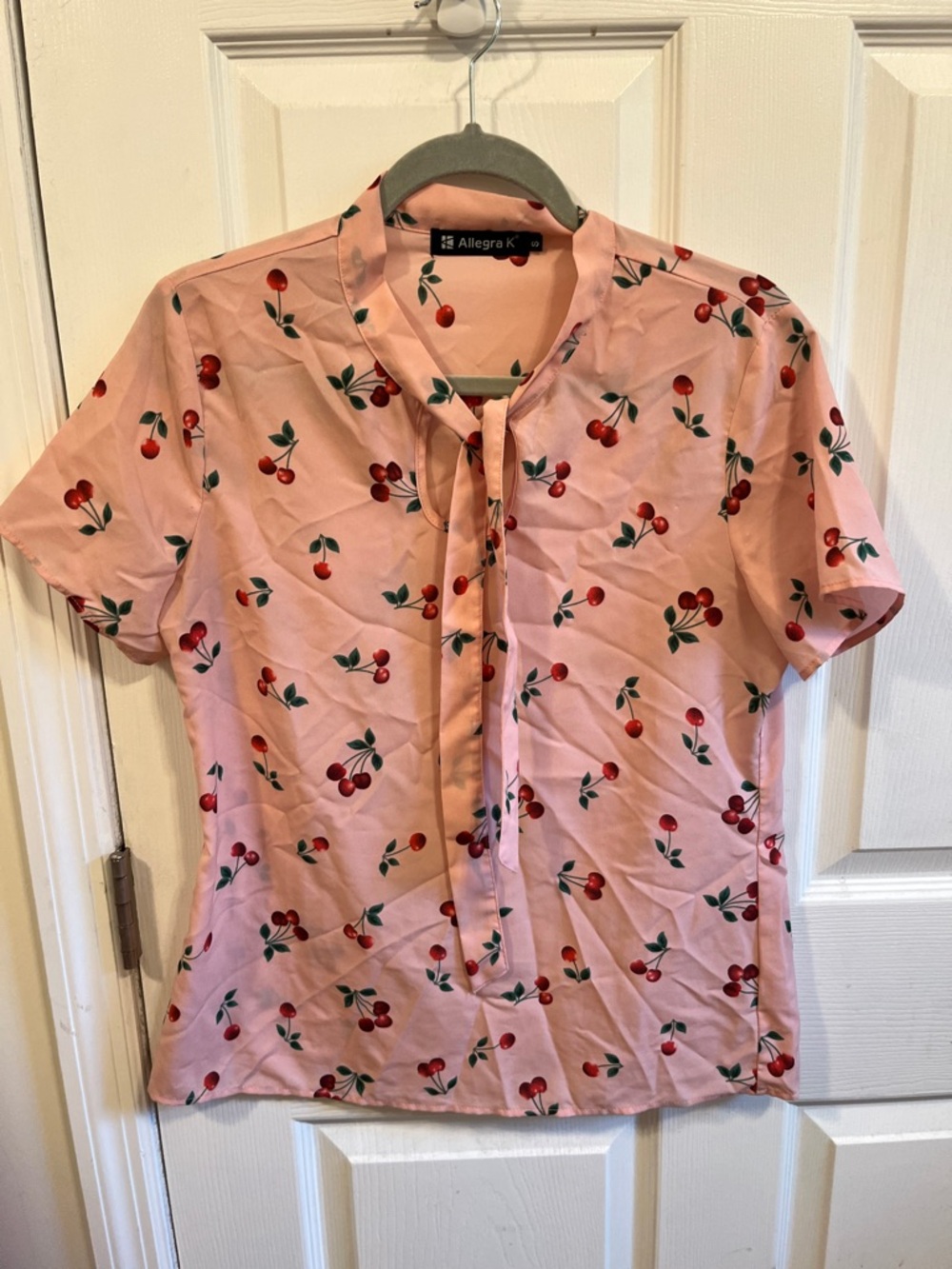 Allegra K Pink Cherry Print Tie-Front Blouse